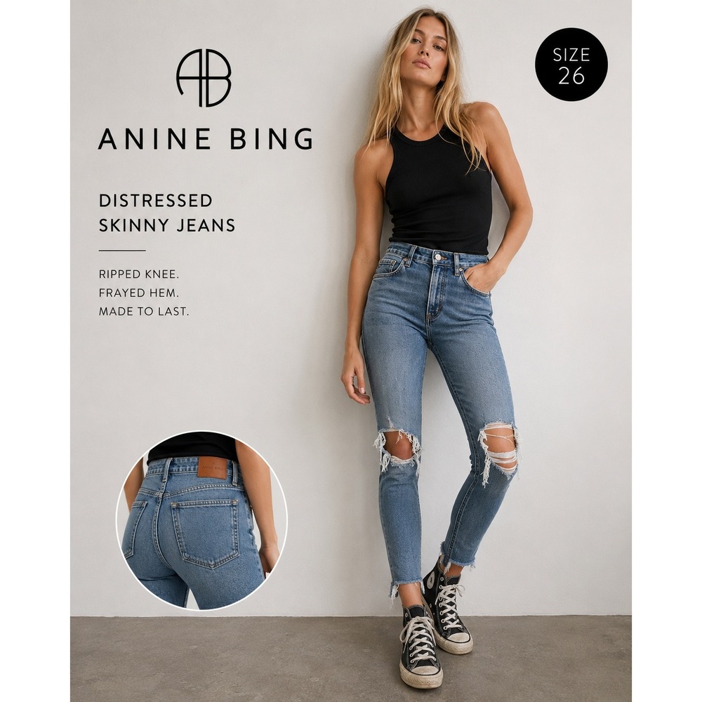 Anine Bing Distressed Skinny Jeans Medium Wash Ripped Knee Size 26 Womens